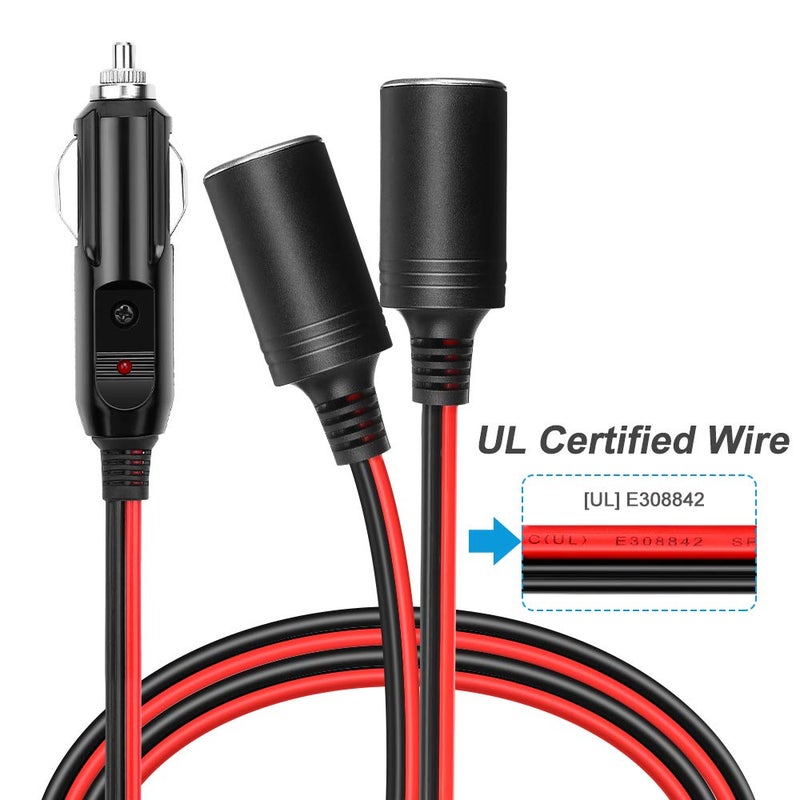 ELECTOP 1 to 2 Car Cigarette Lighter Splitter Adapter Power Charger Port, 6Ft Cigarette Lighter Extension Cord Cable 16AWG UL Wire, 12V 24V Plug Socket 2-Way Splitter Y Adapter with 15A Fuse - Image 4